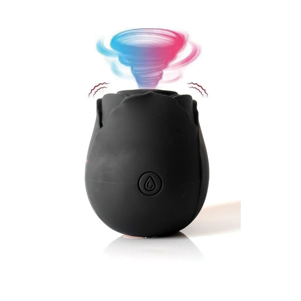 Black Sucking Rose Stimulator featuring a sleek design with suction and vibration technology for effective stimulation.