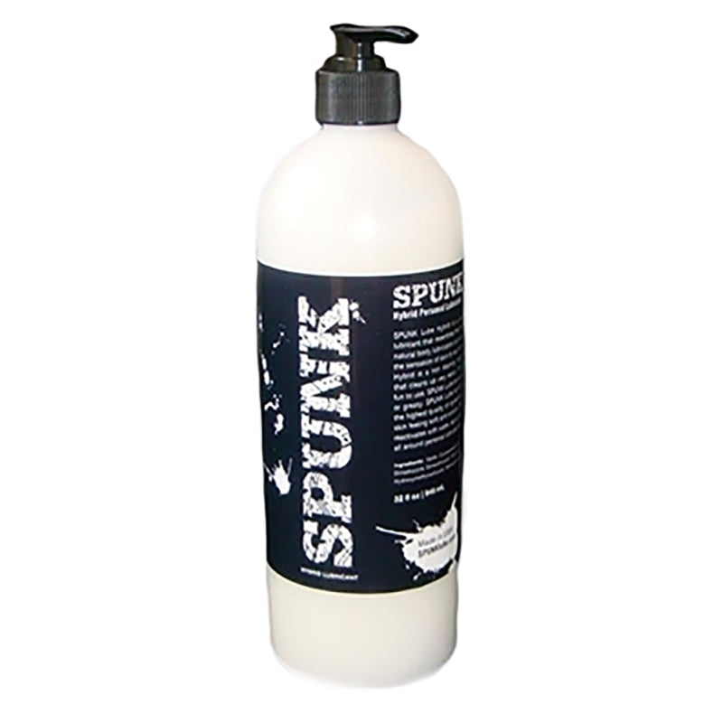 Spunk Lube Hybrid Lubricant 32 Oz bottle featuring a pump dispenser, showcasing premium hybrid formula for smooth glide.