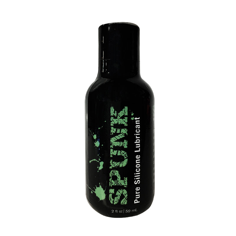 Spunk Lube Pure Silicone Lubricant 2 Oz bottle, featuring a sleek black design and green text.