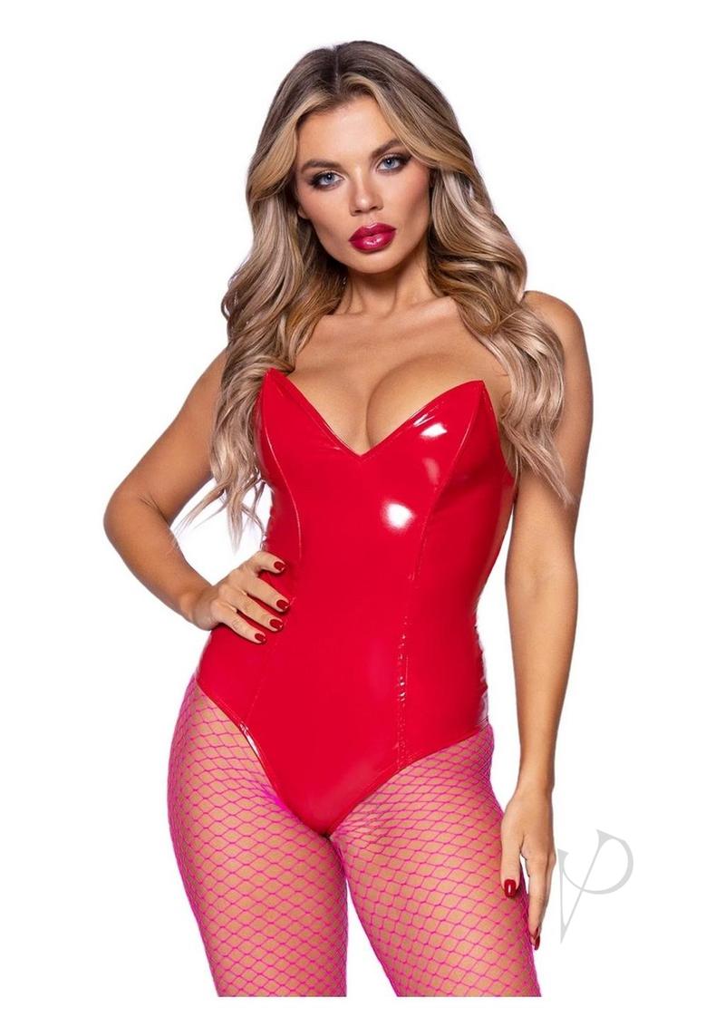 Leg Avenue Vinyl Boned Bodysuit Small Red displayed on model, highlighting its glossy finish and dramatic silhouette.