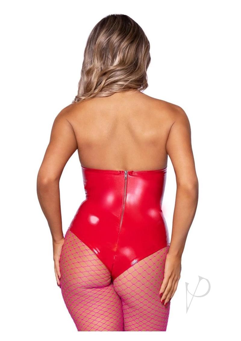 Back view of the Leg Avenue Vinyl Boned Bodysuit Small Red with fishnet tights for a bold style.