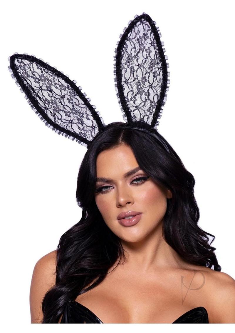 Leg Avenue Ruffle Bunny Ears One Size Black with delicate lace trim on a model.