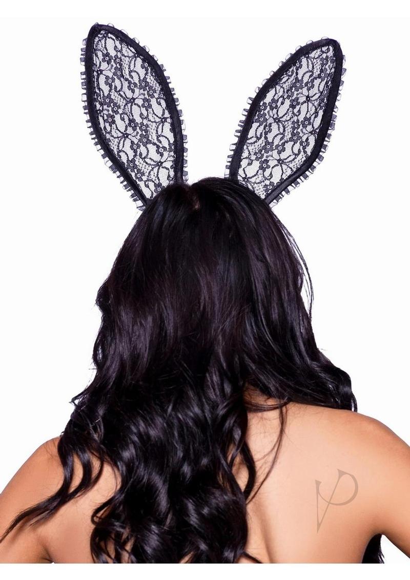 Leg Avenue Ruffle Bunny Ears One Size Black on a woman's head, featuring delicate ruffled lace for a playful look.