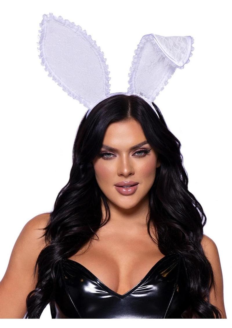 Leg Avenue Ruffle Bunny Ears One Size White headband worn with black outfit, perfect for costumes and themed parties.
