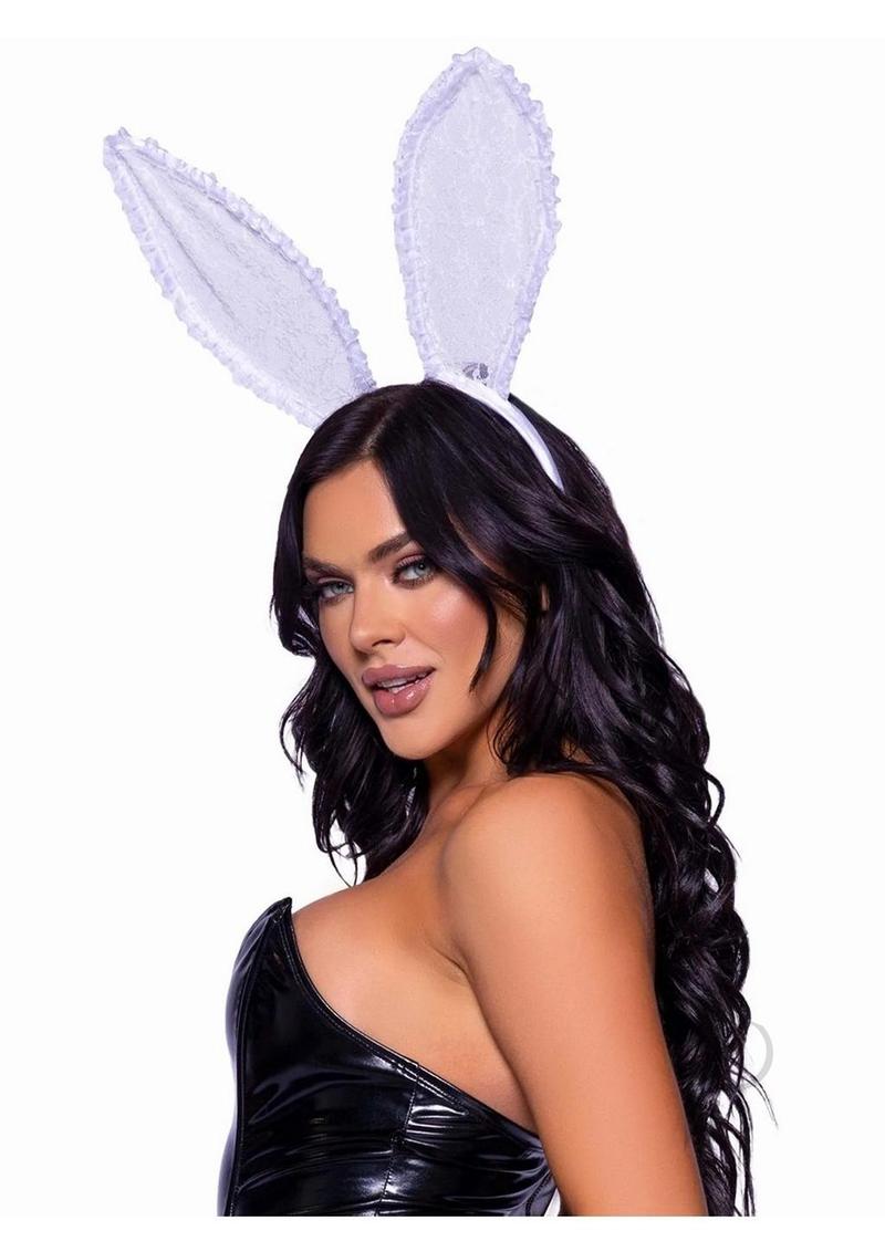 Leg Avenue Ruffle Bunny Ears One Size White showcased by a model, featuring soft ruffled detailing in white.