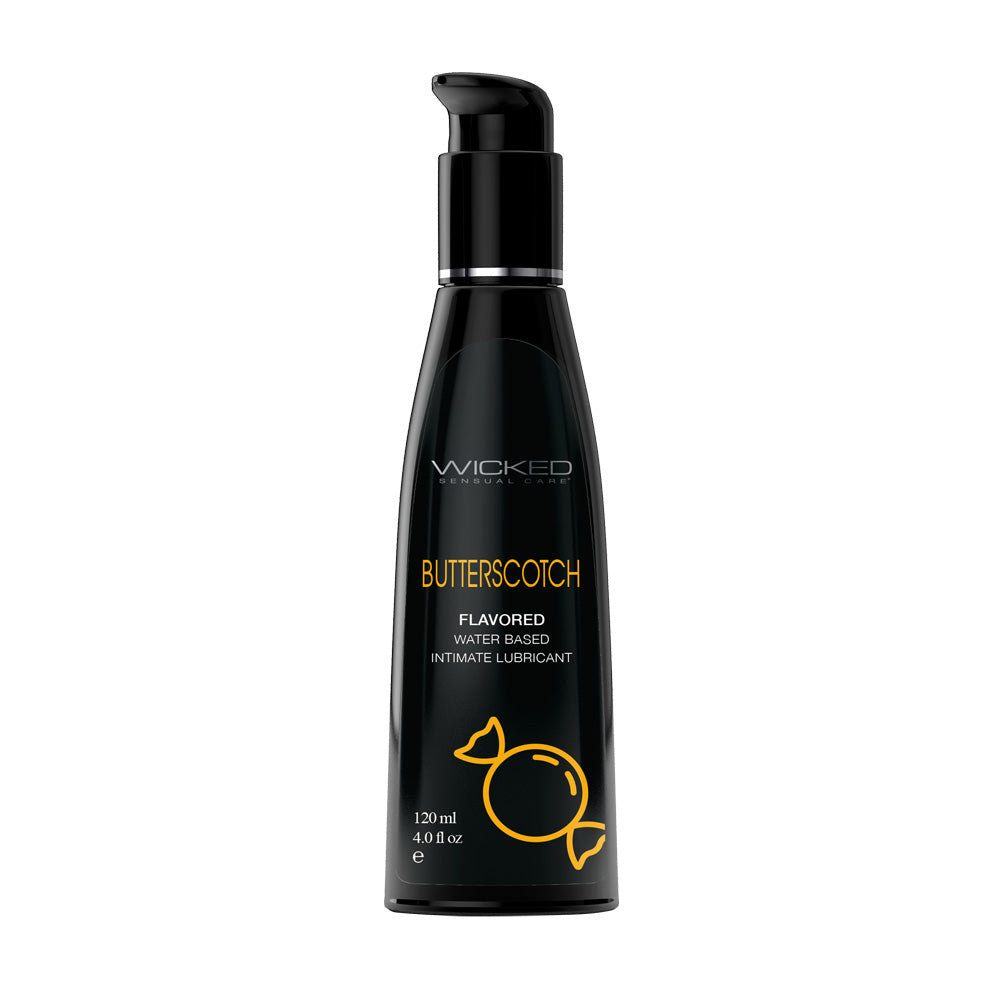Wicked Aqua Lubricant Butterscotch 4 Oz bottle showcasing silky water-based flavored lubricant for intimate pleasure.