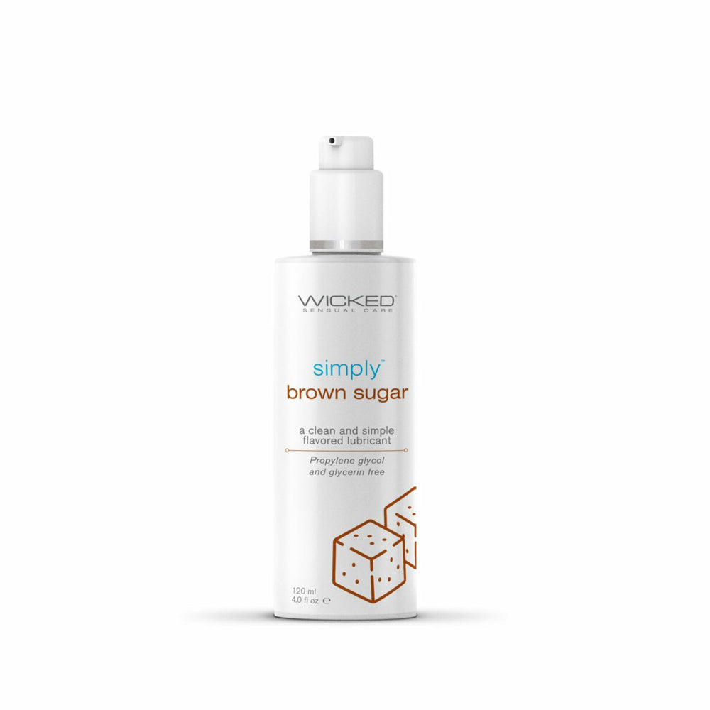 Wicked Simply Lubricant Brown Sugar 4 Oz bottle, water-based lubricant with a sweet flavor for intimate play.