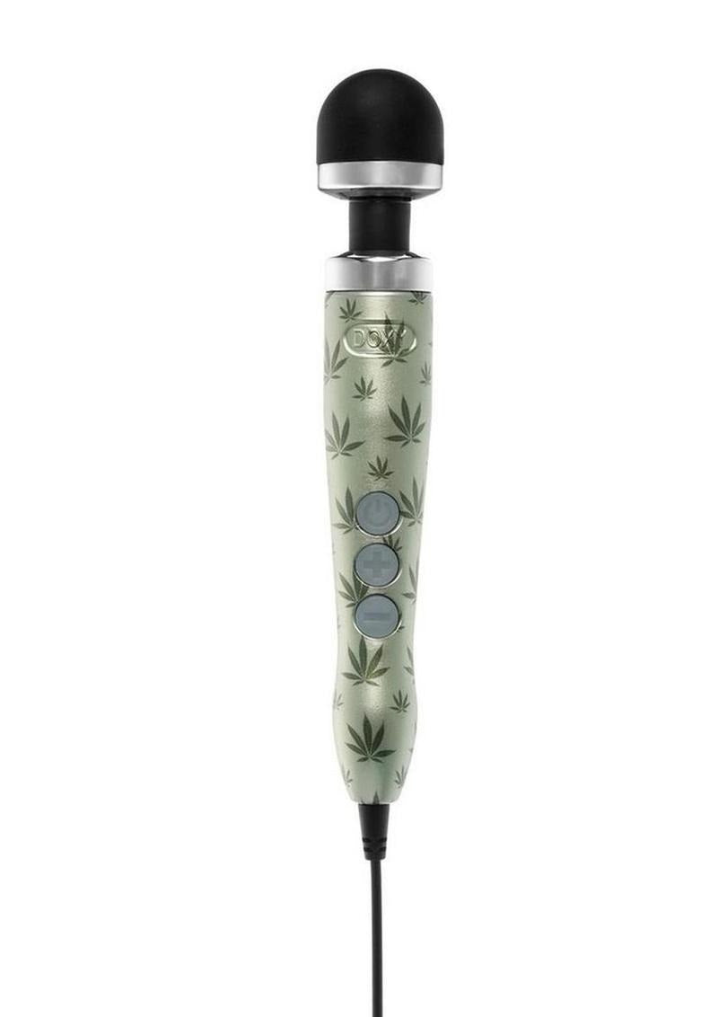 Doxy Die Cast 3 Wand Plug-In Wand Massager Cannabis Pattern with detailed cannabis leaf design and smooth silicone head.