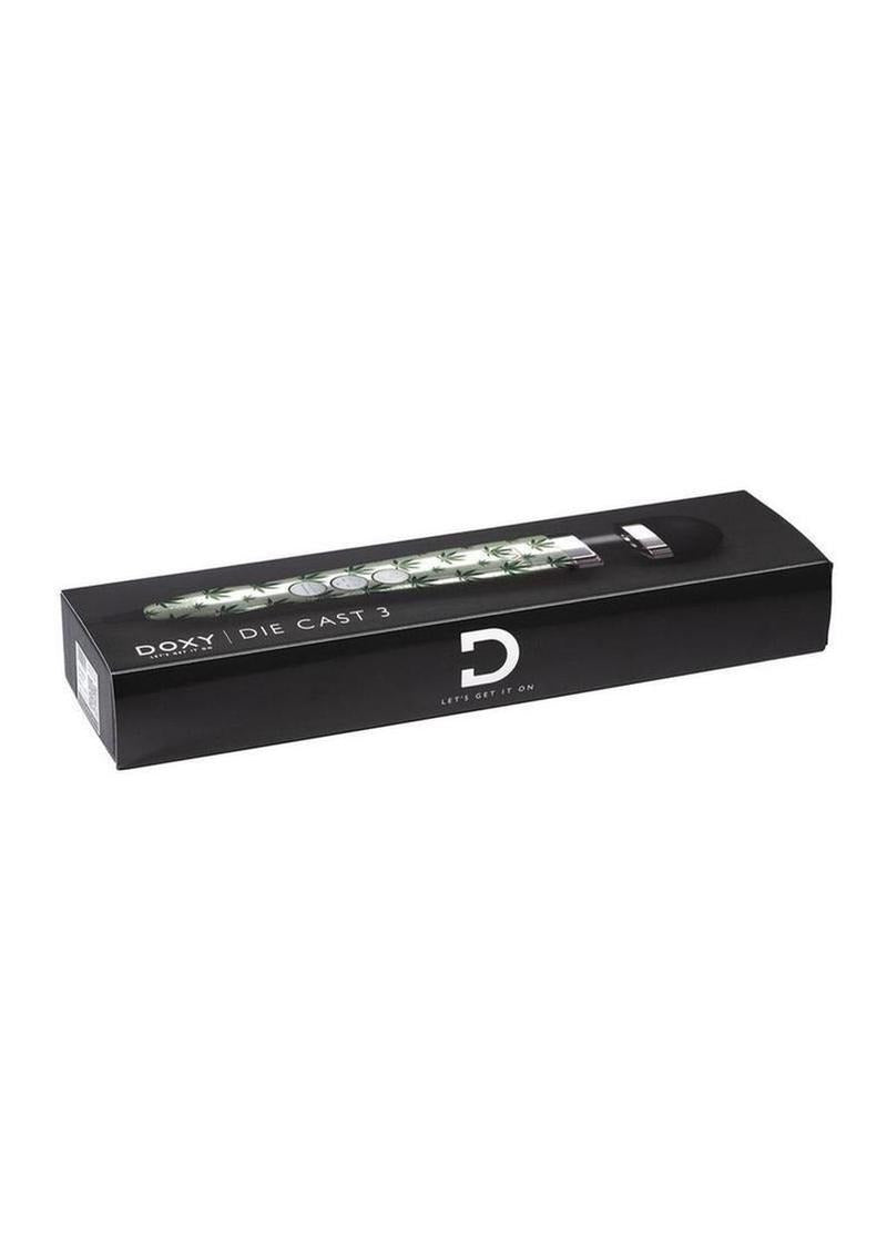 Doxy Die Cast 3 Wand Plug-In Wand Massager Cannabis Pattern packaging with unique cannabis design.
