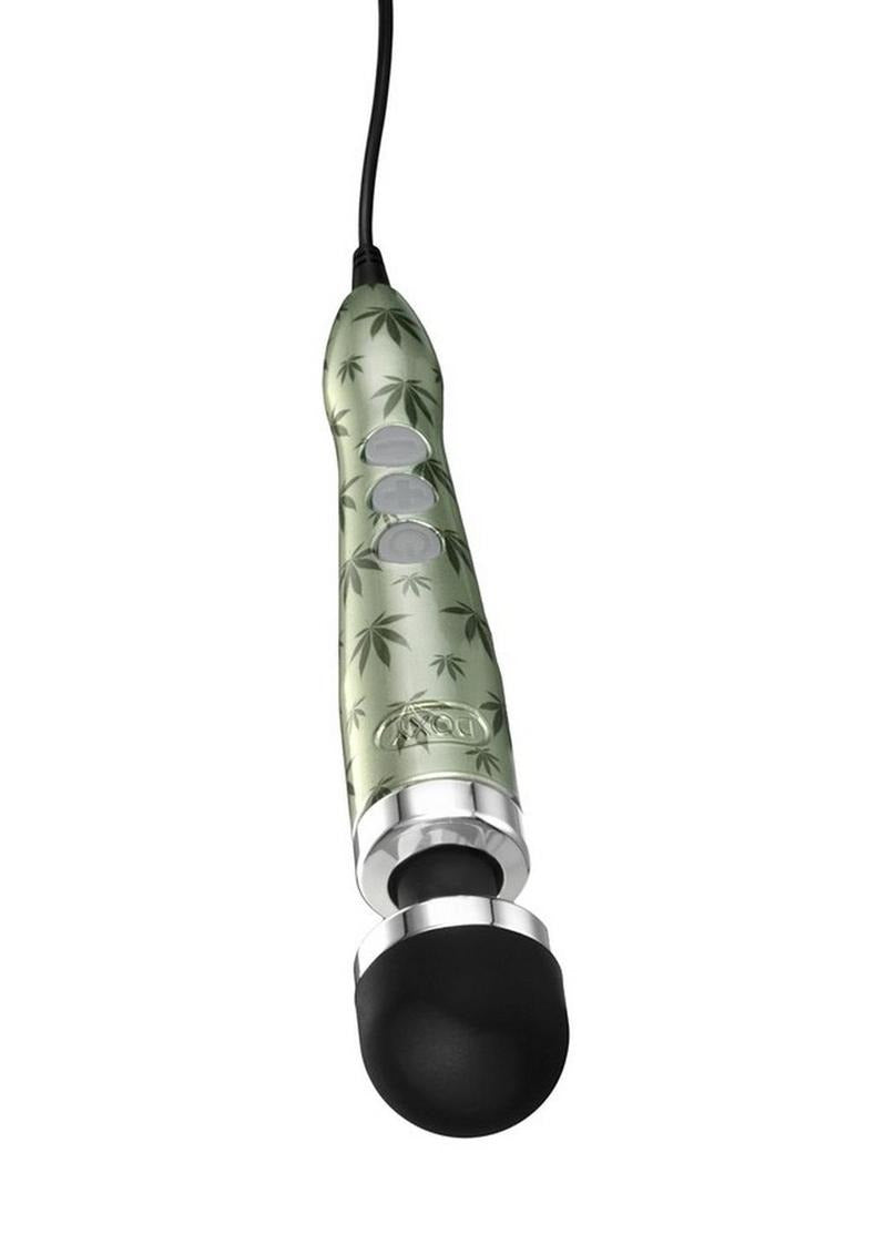 Doxy Die Cast 3 Wand Plug-In Wand Massager Cannabis Pattern with green cannabis leaf design and smooth silicone head