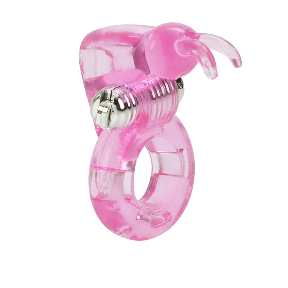 Basic Essentials Bunny Enhancer Vibrating Cock Ring Pink with removable bunny micro-stimulator for couples.