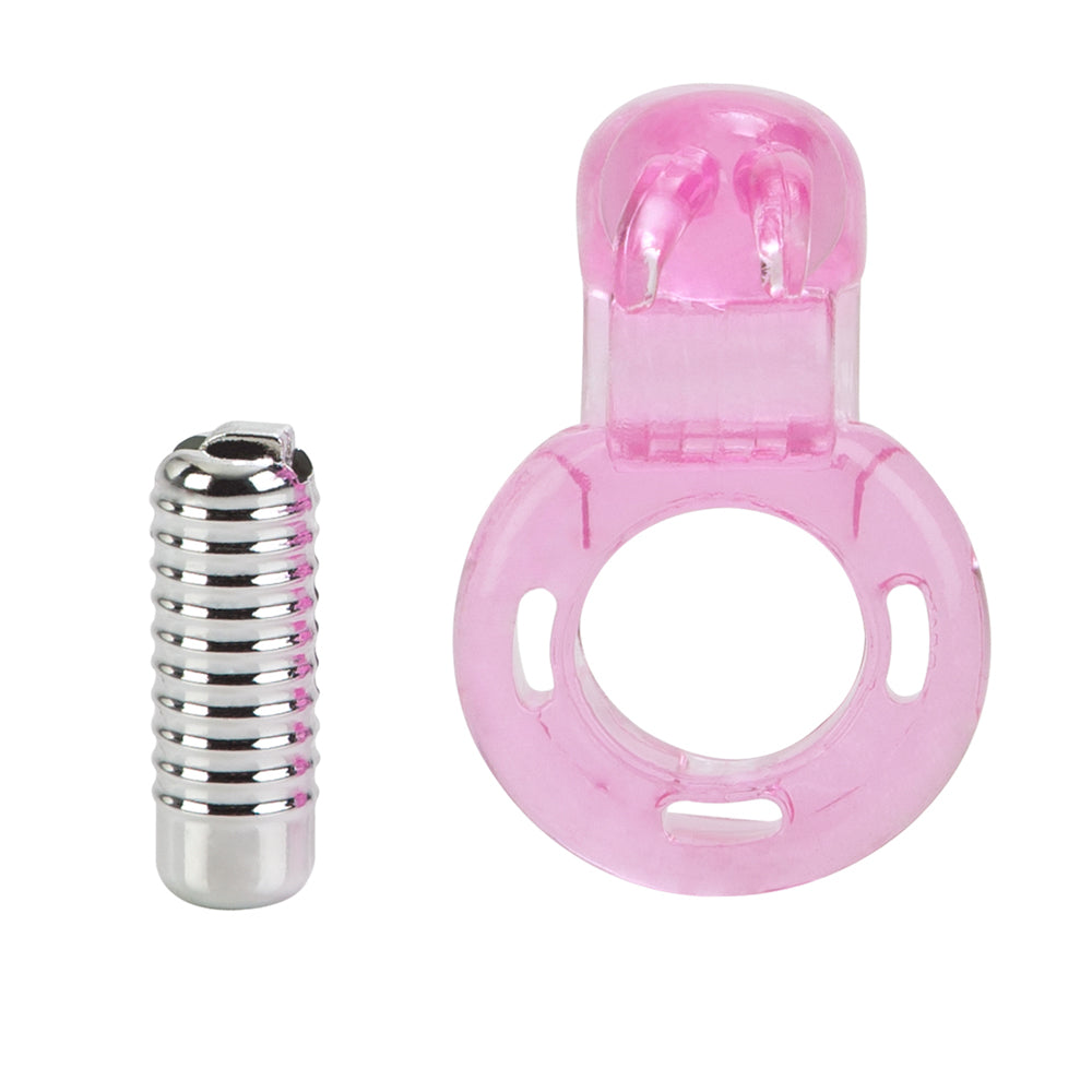 Basic Essentials Bunny Enhancer Vibrating Cock Ring Pink with bunny-shaped micro-stimulator.