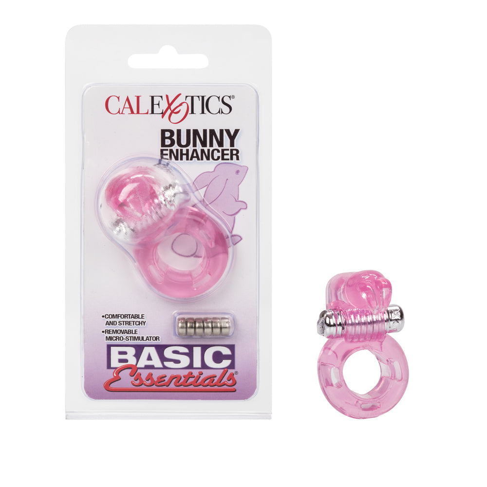 Basic Essentials Bunny Enhancer Vibrating Cock Ring Pink packaging and product display with removable bunny micro-stimulator.