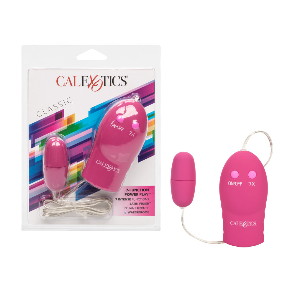 CalExotics 7 Function Power Play Bullet Vibrator Pink in packaging with two bullet vibrators displayed.