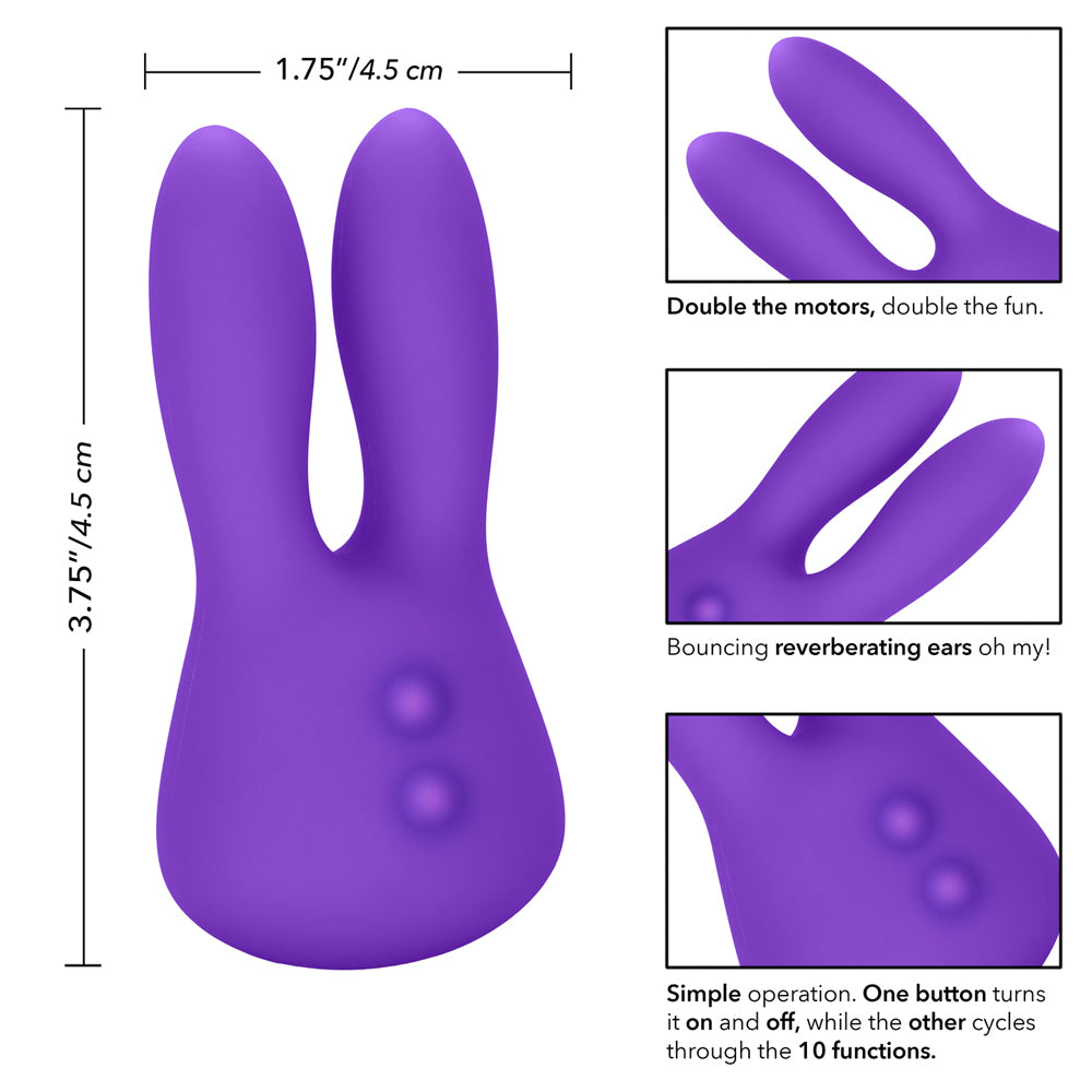 Mini Marvels Silicone Marvelous Bunny Vibrator Purple features double motors, curvy ears, and compact design for pinpoint pleasure.