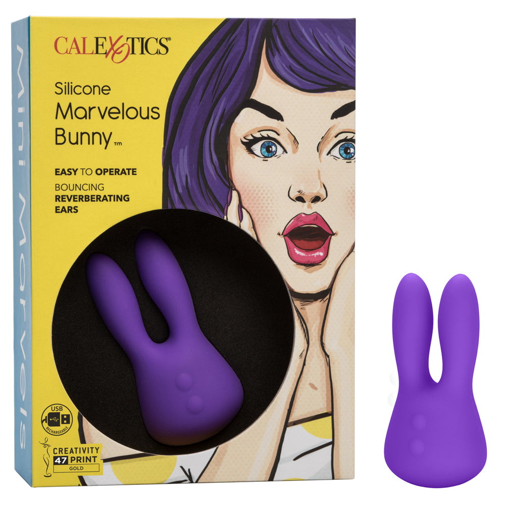 Mini Marvels Silicone Marvelous Bunny Vibrator Purple packaging with the product visible alongside a surprised woman.