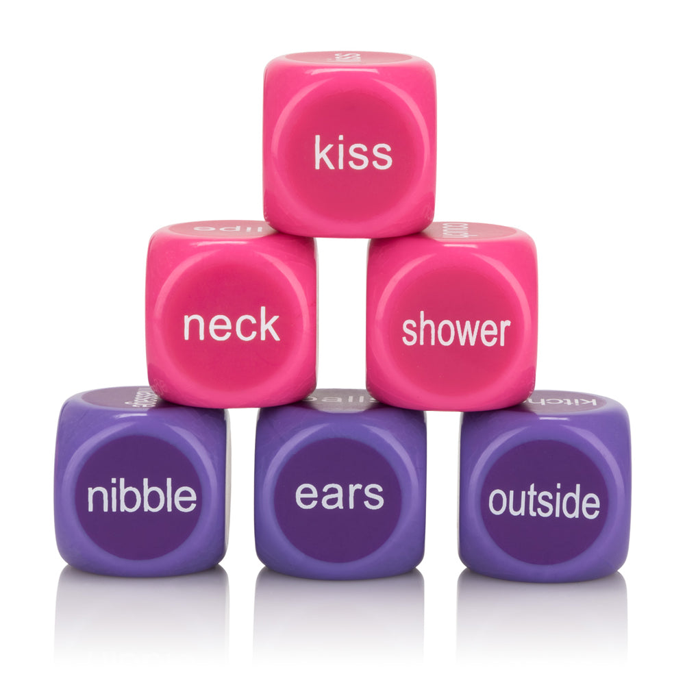Utopia Naughty Party Dice showing pink and purple dice with words like kiss, neck, and nibble for adult fun.