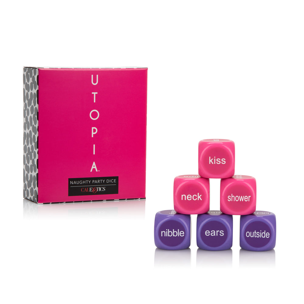 Utopia Naughty Party Dice box with colorful playful dice showing words like kiss and nibble for adult party fun.