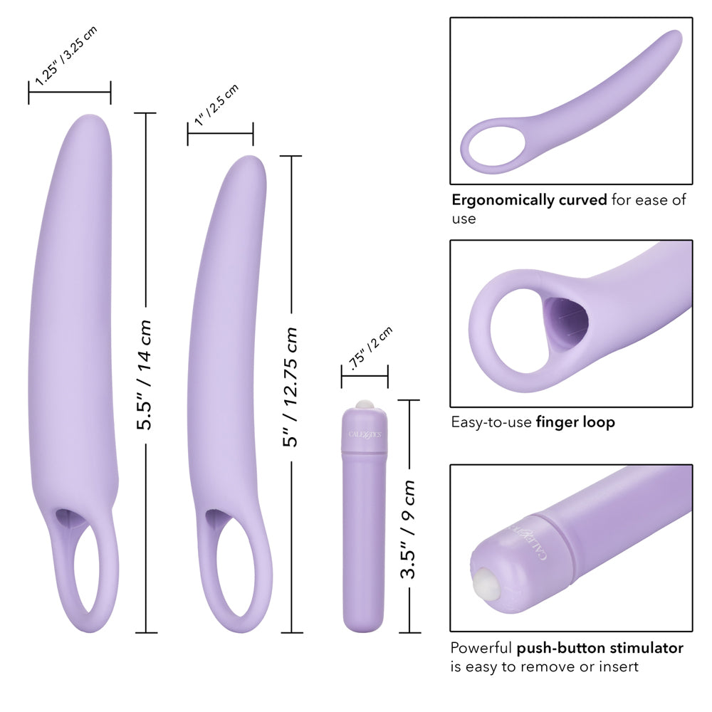 Dr Laura Berman Isabelle Set of 2 Vibrating Dilators with measurements and features displayed.
