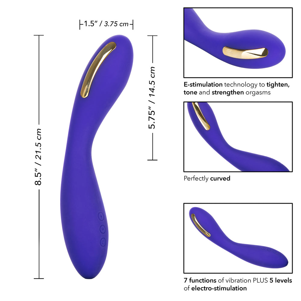 Impulse Intimate E-stimulator Wand showing dimensions and features of electro-stimulation and vibration functions.