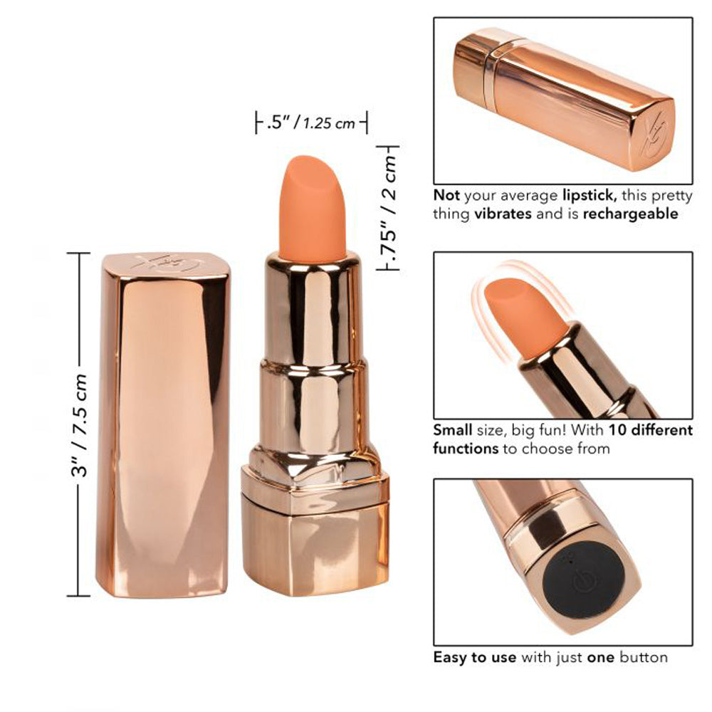 Hide & Play Rechargeable Lipstick Vibrator Coral design, features, and size specifications.