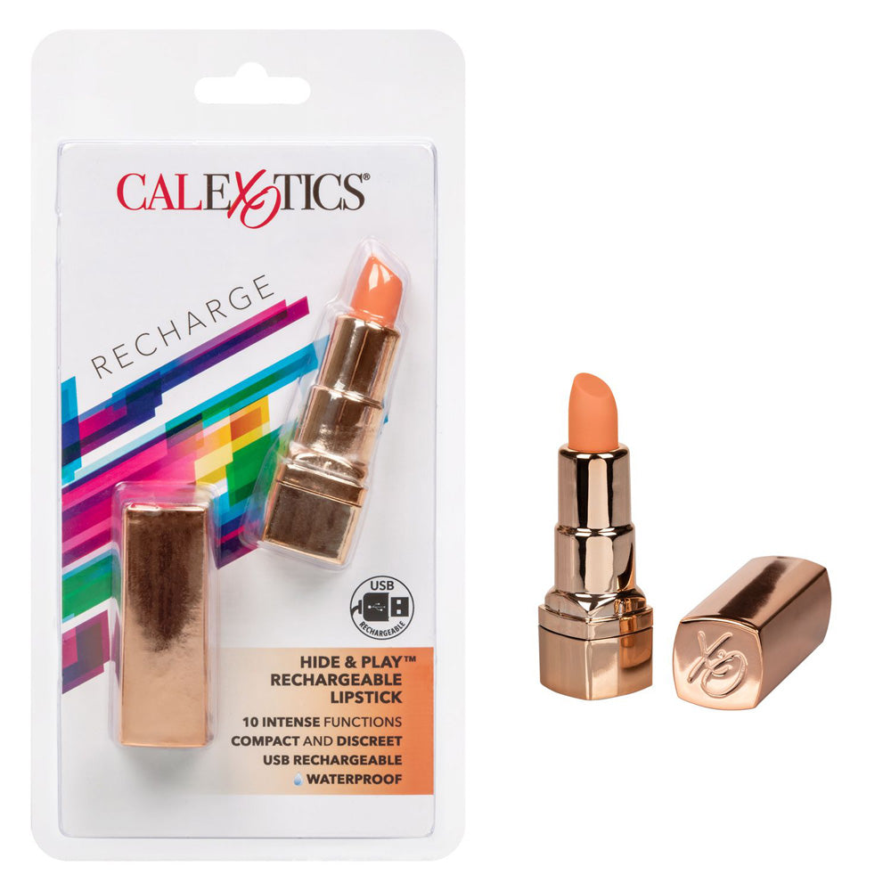 Hide & Play Rechargeable Lipstick Vibrator Coral in stylish packaging with the lipstick design for discreet pleasure.