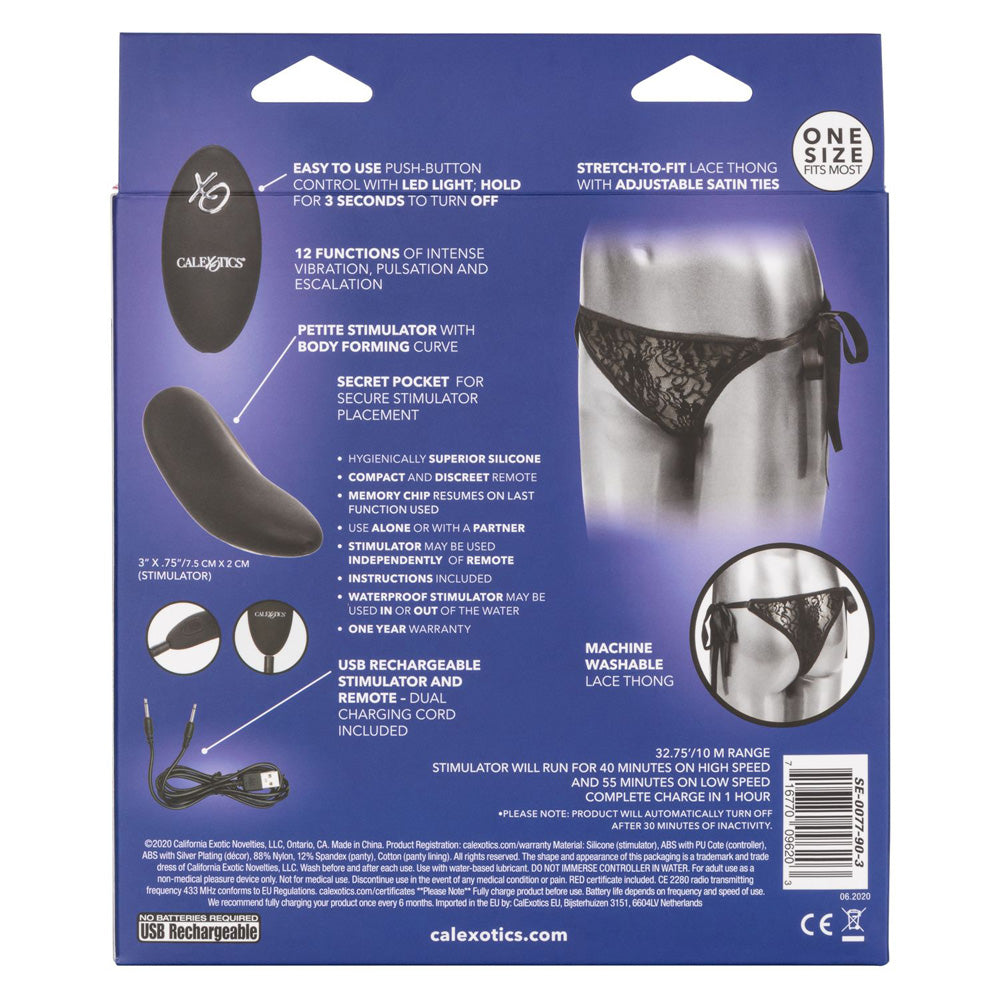 CalExotics Remote Control Lace Thong Vibrator Set packaging featuring vibrator, thong details, and instructions.