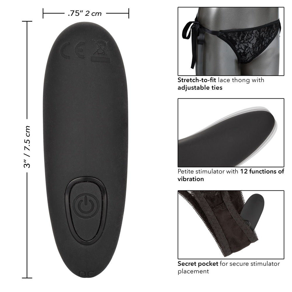 CalExotics Remote Control Lace Thong Vibrator Set featuring a stretch-to-fit lace thong and a petite vibrator.