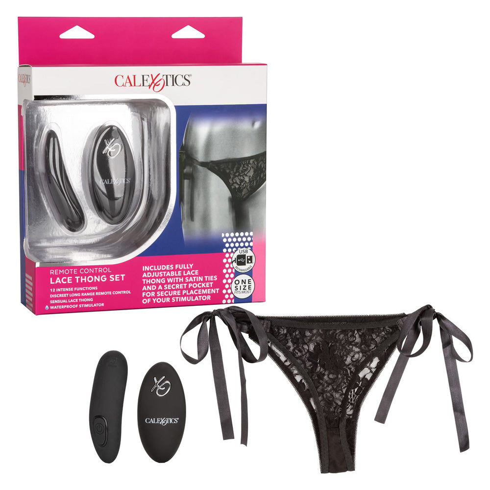 CalExotics Remote Control Lace Thong Vibrator Set includes lace thong, curved teaser, and wireless remote for hidden pleasure.