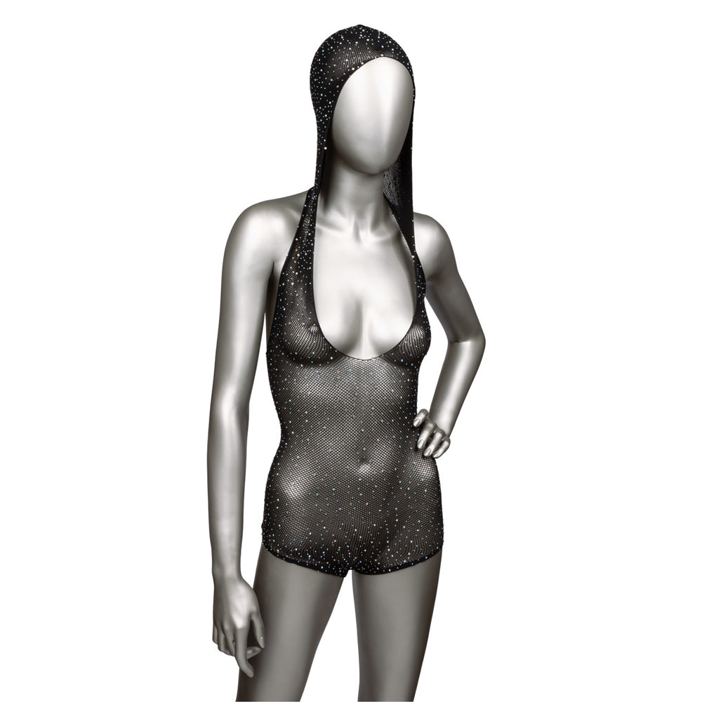 Radiance Plus Size Hooded Deep V Bodysuit on a mannequin with sparkling rhinestone details and a dramatic hood.