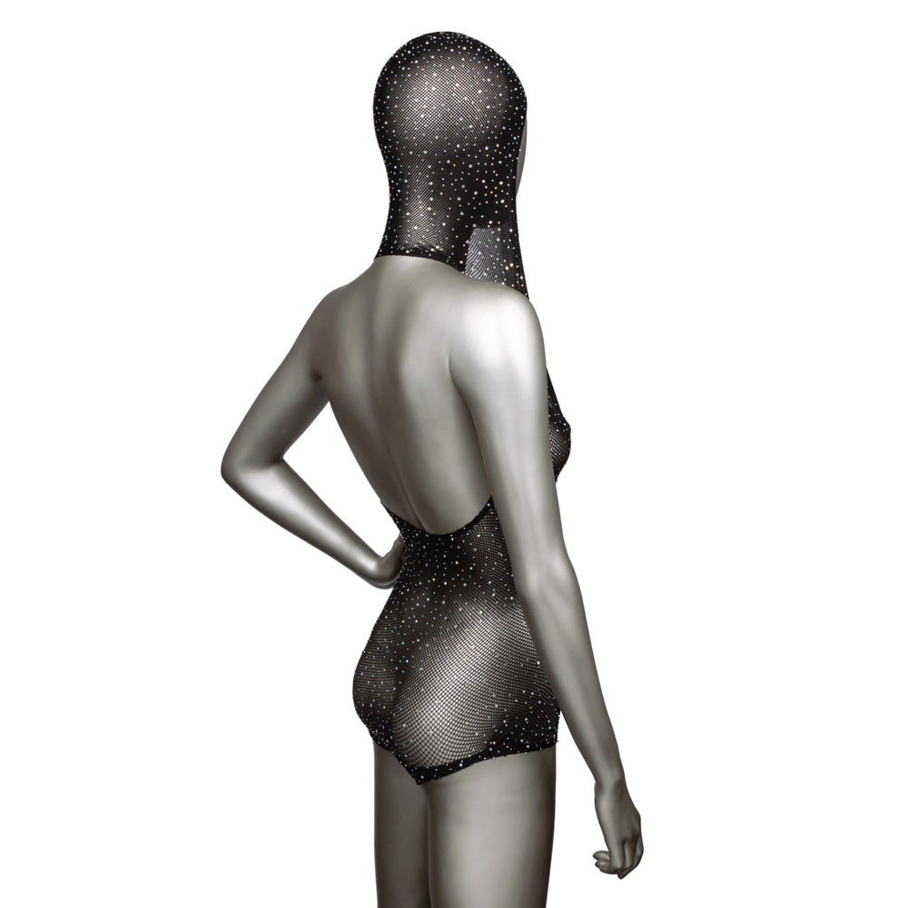 Radiance Plus Size Hooded Deep V Bodysuit showcased on a mannequin from the back, featuring a plunging neckline and rhinestones.