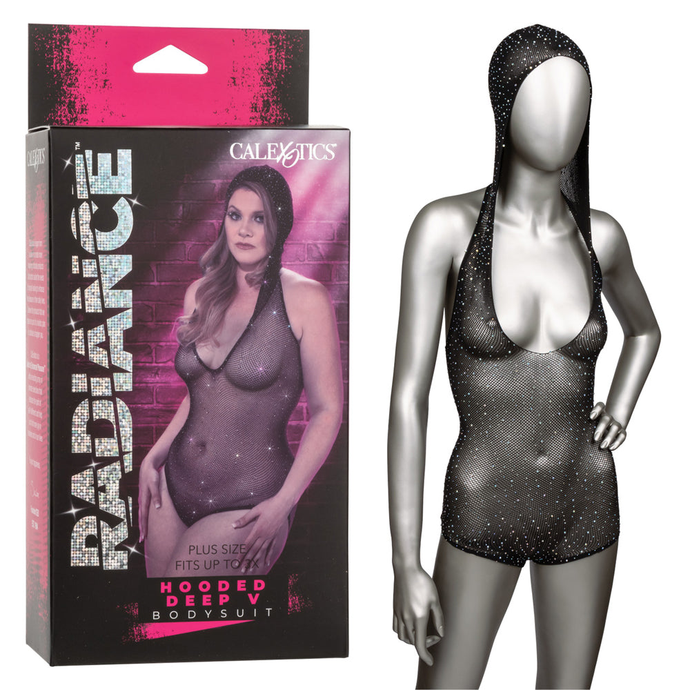 Radiance Plus Size Hooded Deep V Bodysuit featuring a dramatic hood and sparkling rhinestones for a bold look.