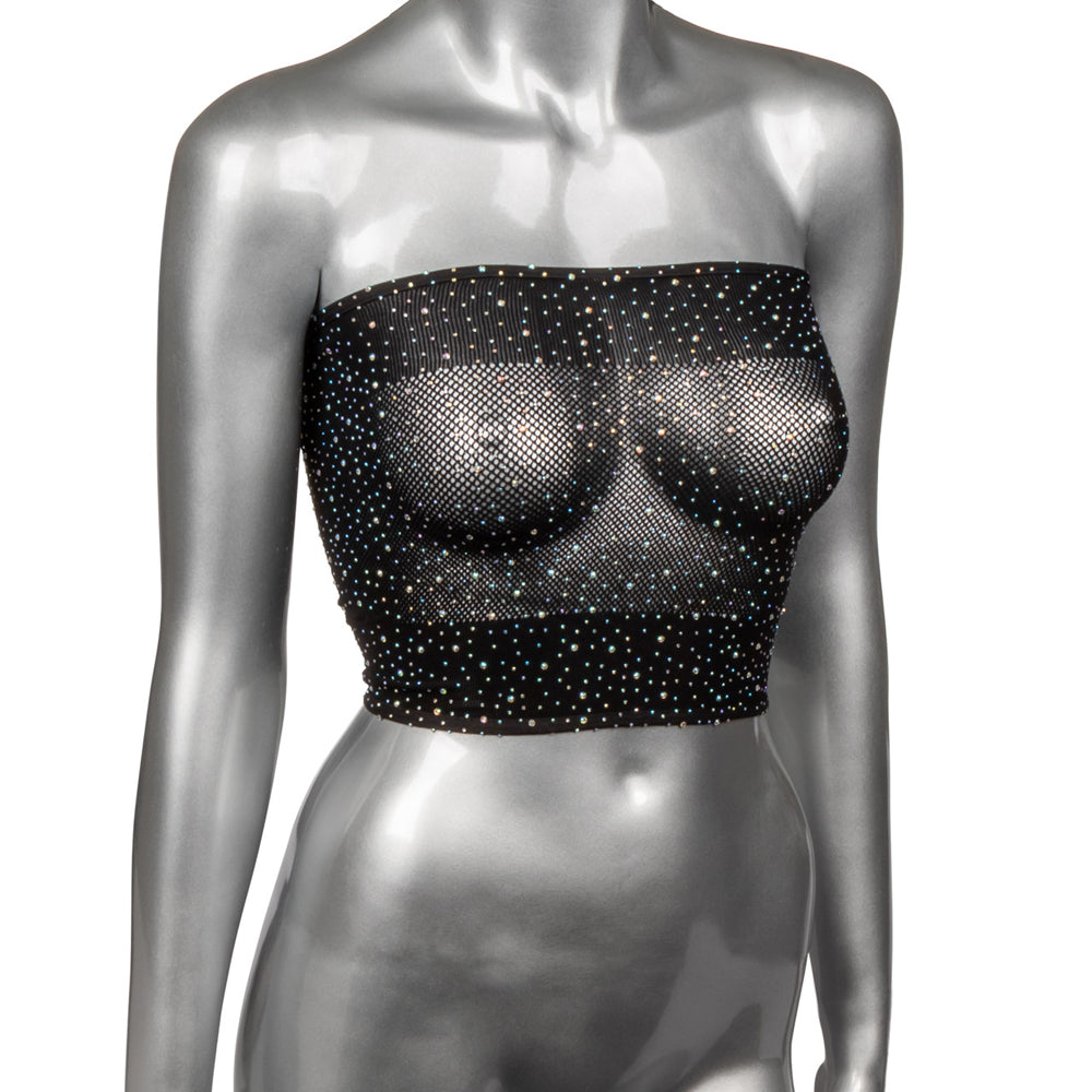 Radiance Plus Size Bandeau Top on a mannequin featuring rhinestone accents to enhance curves and sparkle.