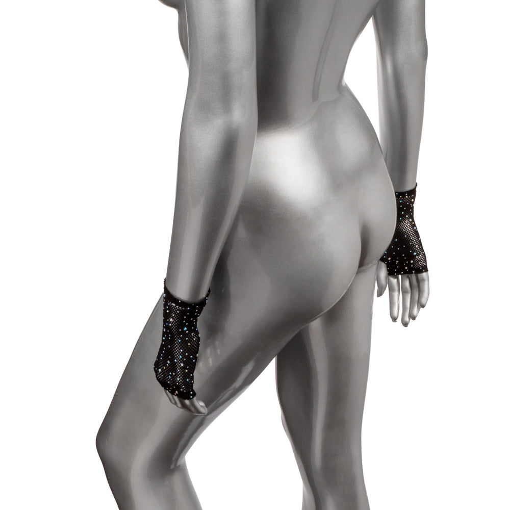 Radiance Rhinestone Mesh Fingerless Gloves showcased on a mannequin, featuring sparkling rhinestones and a stylish design.