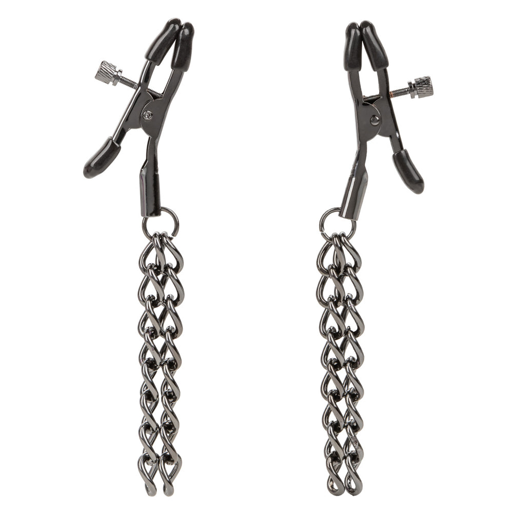 Euphoria Collection Chain Nipple Clamps with adjustable tension and dual dangling chains for intimate play.