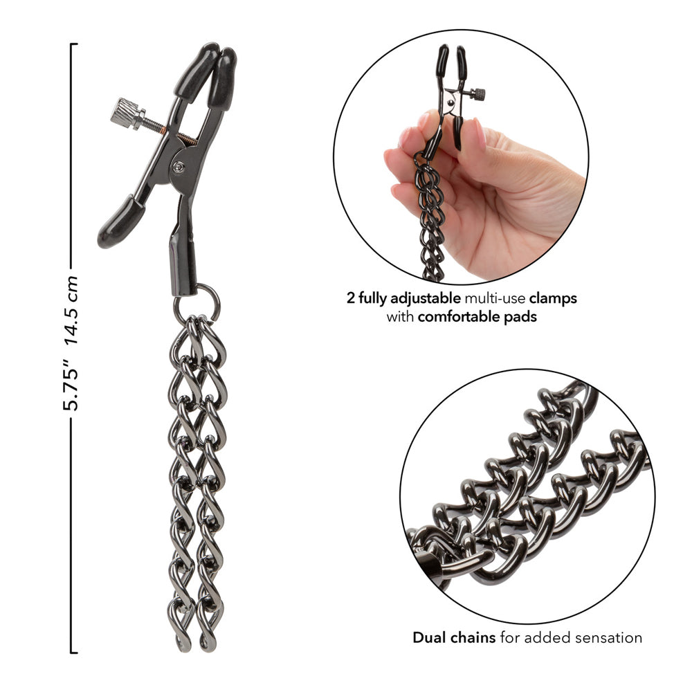 Euphoria Collection Chain Nipple Clamps with adjustable multi-use clamps and dual chains for added sensation.