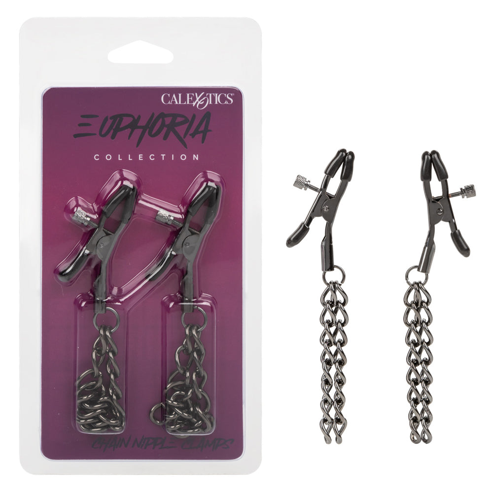 Euphoria Collection Chain Nipple Clamps featuring stylish chains and adjustable tension for intimate play.
