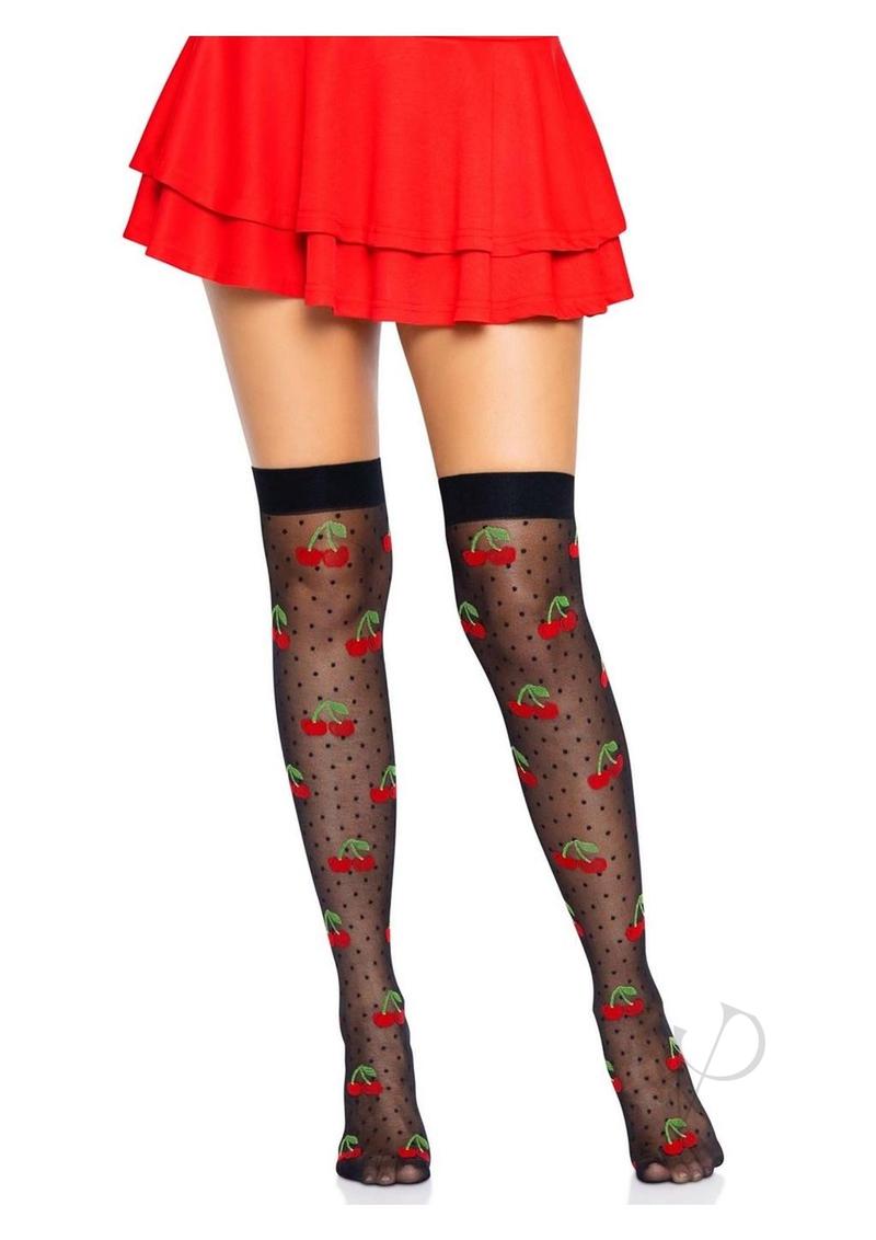 Leg Avenue Sheer Polka Dot Cherry Thigh Highs Black Red worn with a red skirt, showcasing playful cherry designs and sheer fabric.