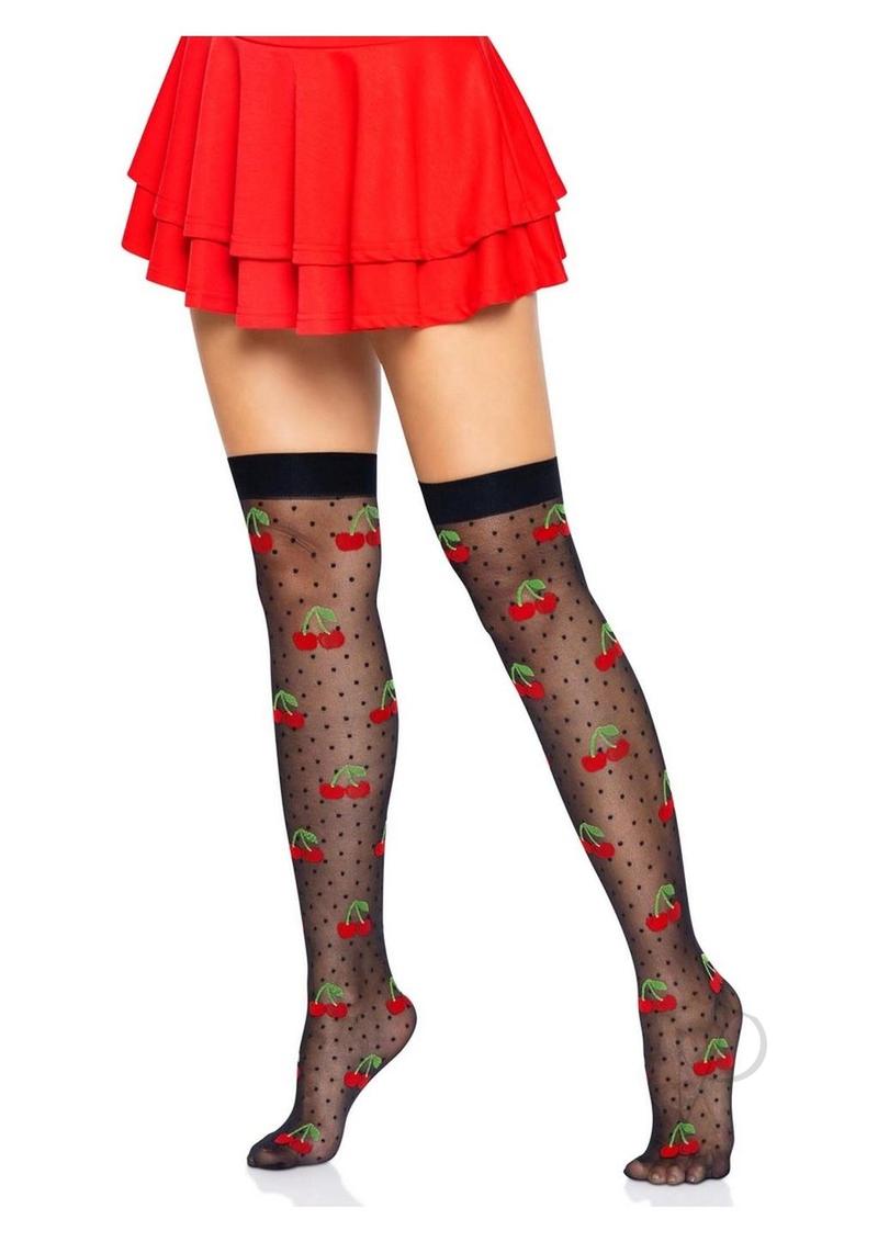 Leg Avenue Sheer Polka Dot Cherry Thigh Highs Black Red paired with a red skirt for a playful look.