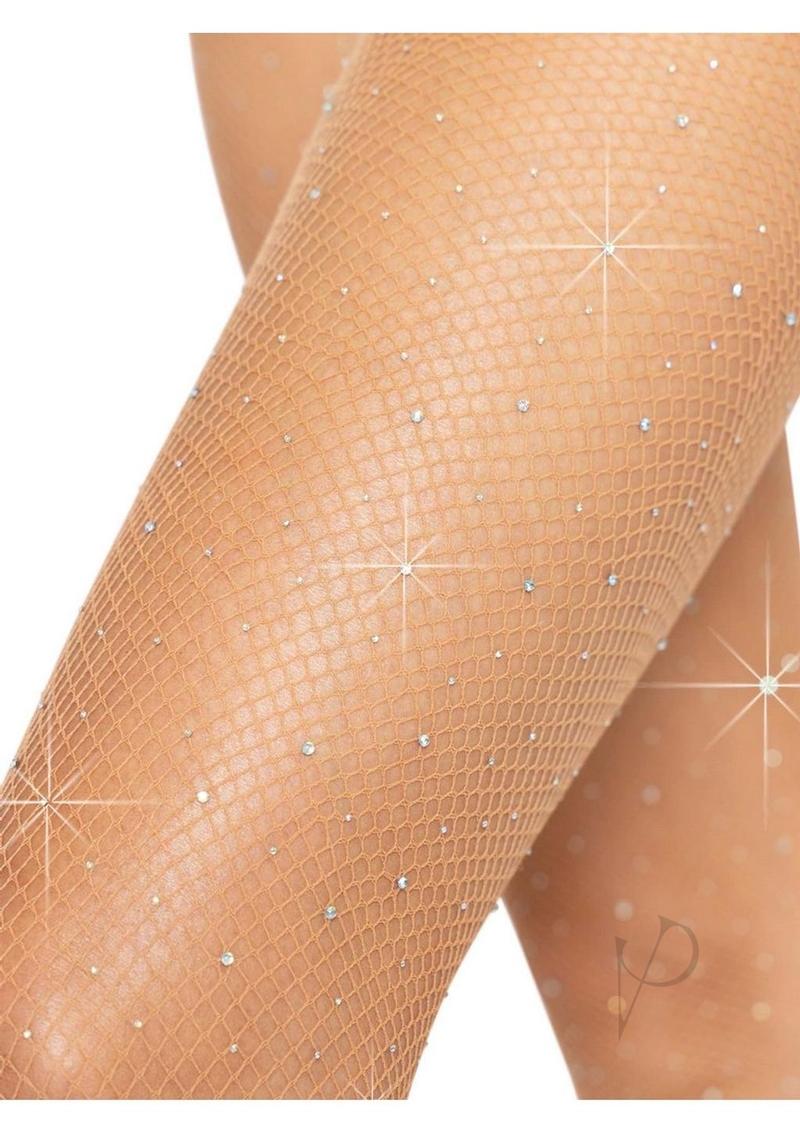 Leg Avenue Iridescent Rhinestone Fishnet Tights Caramel featuring a sparkling fishnet design with rhinestones.