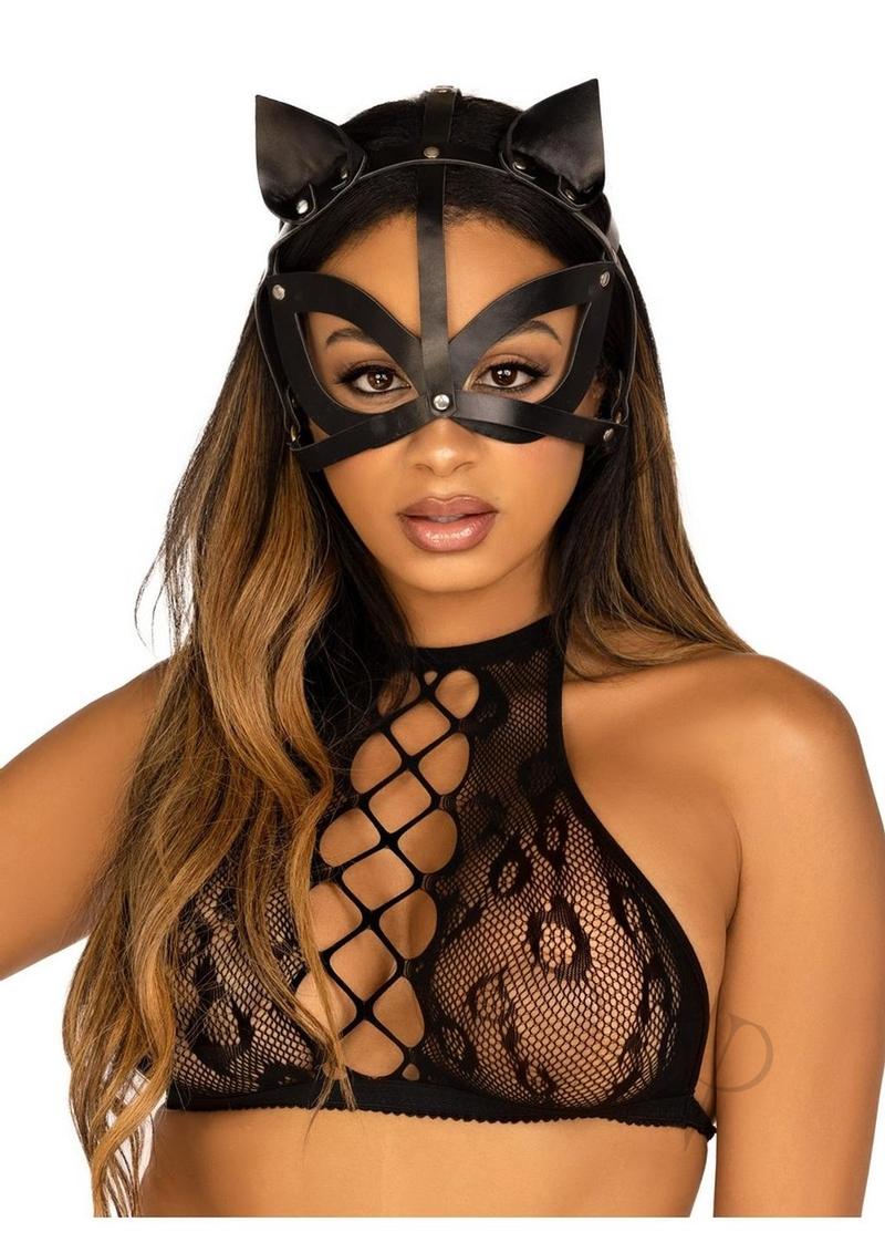 Leg Avenue Vegan Leather Studded Cat Mask Black displayed on a model with a playful look and bold accessories.