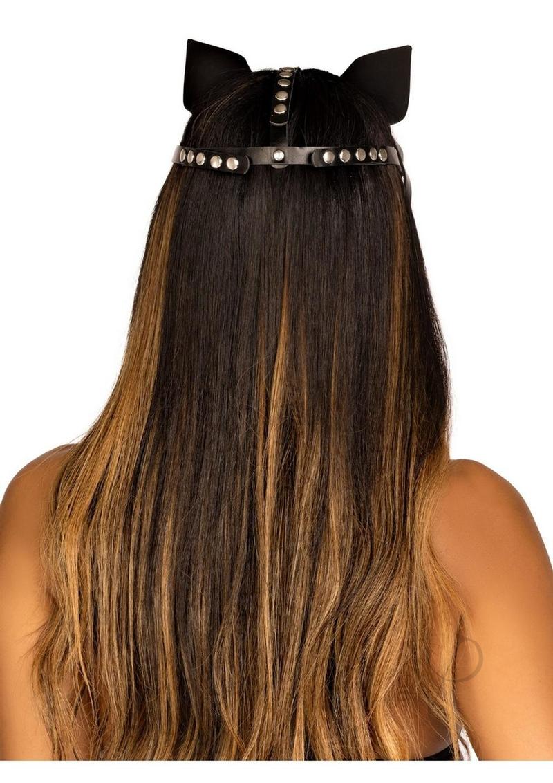 Leg Avenue Vegan Leather Studded Cat Mask Black with cat ears and studded detail on headband.