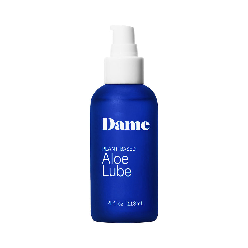 Dame Aloe Lube Personal Lubricant 4 Oz in a blue bottle with pump, plant-based and designed for optimal hydration.