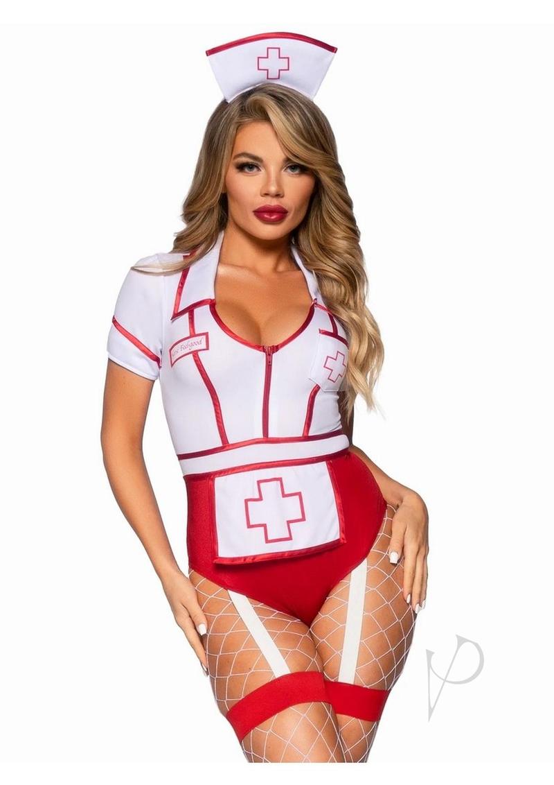 Leg Avenue Nurse Feelgood Garter Bodysuit Medium Red White showing a playful bodysuit with matching hat and garter details.