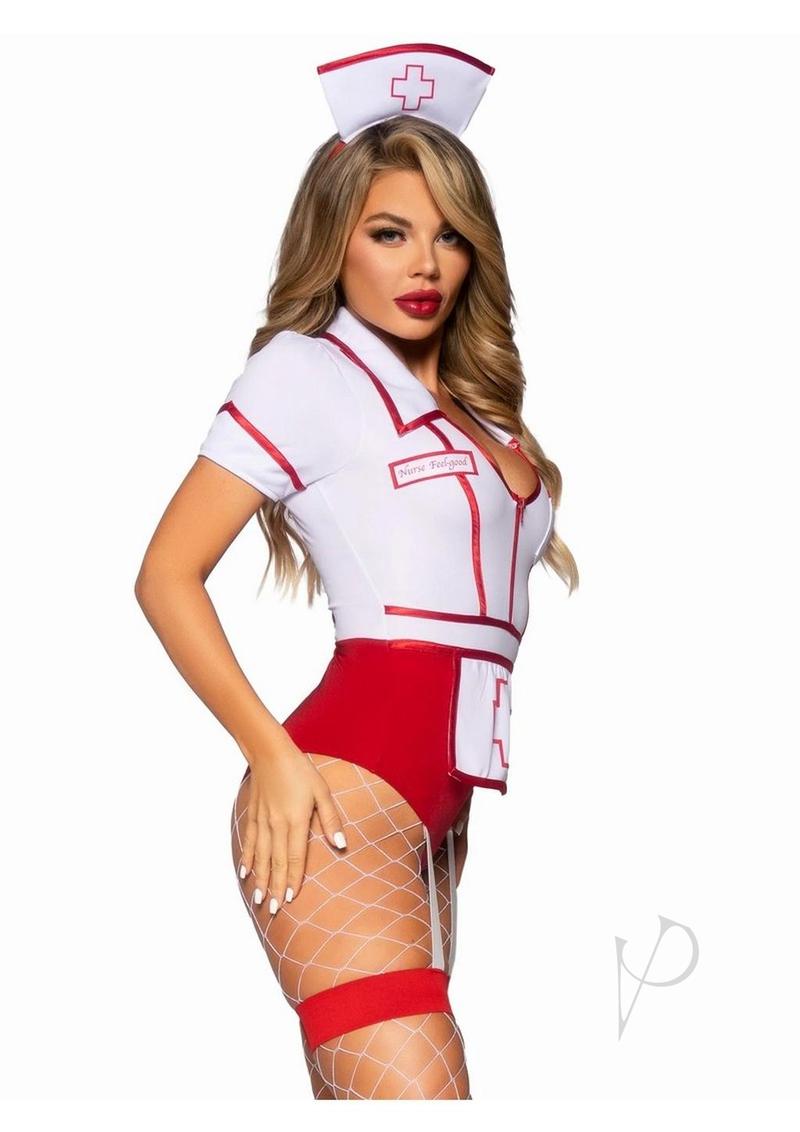 Leg Avenue Nurse Feelgood Garter Bodysuit Medium Red White worn by a model, featuring a fitted design and matching hat.