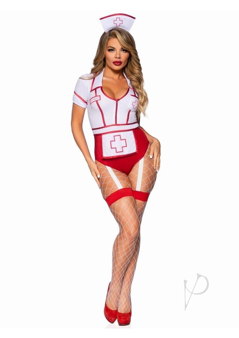 Leg Avenue Nurse Feelgood Garter Bodysuit Medium Red White featuring flirty nurse costume with matching hat and garter.