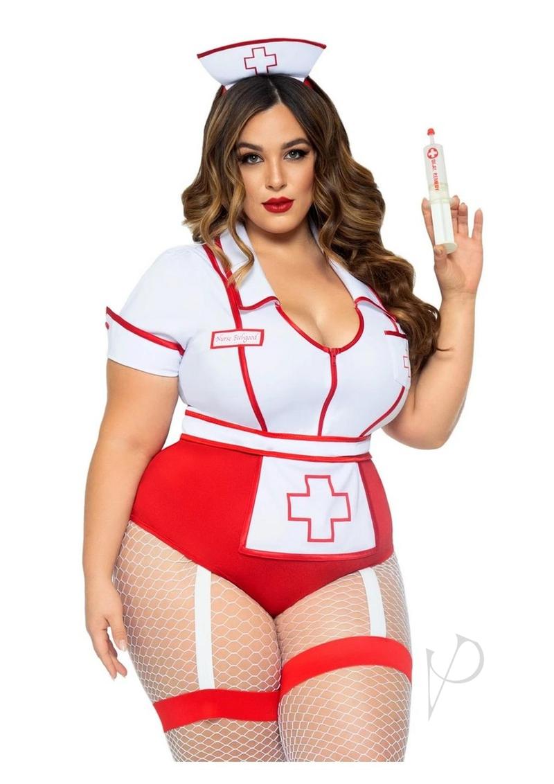 Leg Avenue Nurse Feelgood Garter Bodysuit Costume 3X/4X Red worn by a model, showcasing a playful nurse look.