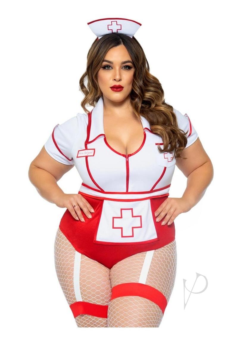 Leg Avenue Nurse Feelgood Garter Bodysuit Costume 3X/4X Red showcased by a model in a playful nurse outfit.
