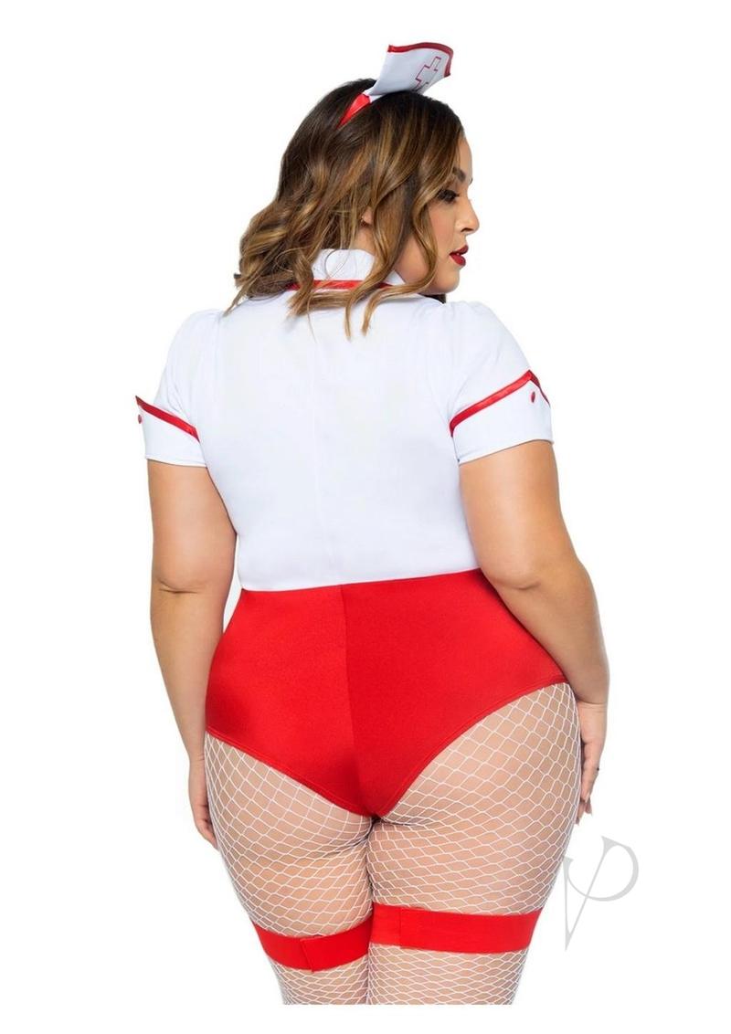 Leg Avenue Nurse Feelgood Garter Bodysuit Costume 3X/4X Red back view with attached apron and headband.