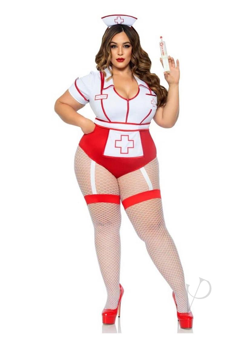 Leg Avenue Nurse Feelgood Garter Bodysuit Costume 3X/4X Red featuring a playful nurse look with fishnet stockings.